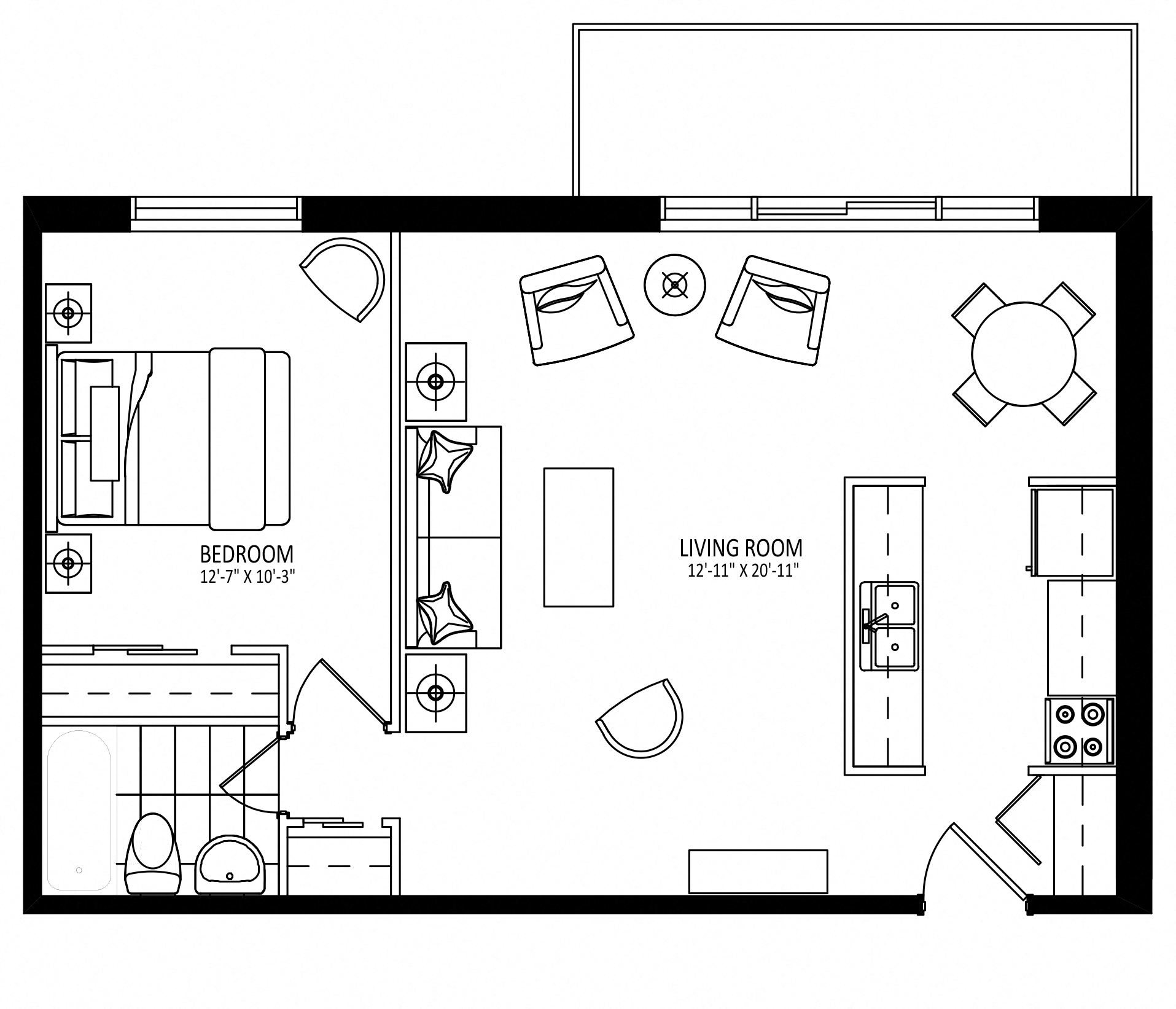 Floor plan for 1 bed, 1 bath, 685 sqft
